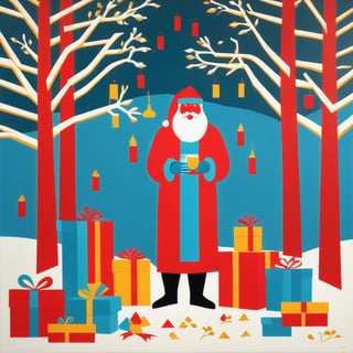 art by Gerd Arntz captivating scene in  red and cyan and yellow tones and gold tones and white tones, and blue tones, masterpiece, santa holding sake full of presents, 