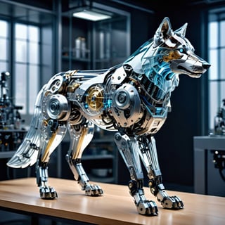 masterpiece, high quality, realistic aesthetic photo ,(HDR:1.2), pore and detailed, intricate detailed, graceful and beautiful textures, RAW photo, 16K, full body, on the laboratory bench, glass skin mechanical wolf, (bio hybrid robot), transparent glass skin,c1bo