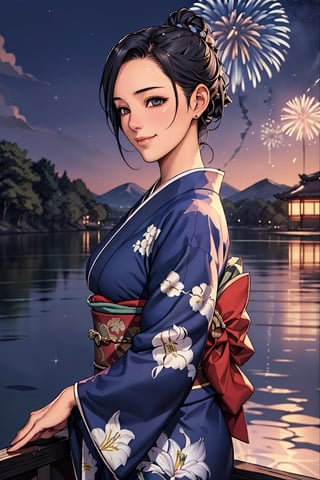 a beautiful japanese 1girl, portrait, detaled face, fair skin, shy smile, dark eyes, decorative topknot black hair, red ornate hairpin,
(fireworks in the night sky), near the lake,                                                                                                 ((navy-blue color detailed-many-lilies-pattern brocade kimono))