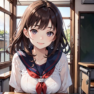 masterpiece, 8k, RAW, photo realistic, (a 16yo japan girl),  cute face,  light smile, smooth soft parl skin, light-blown medium wavy hair, medium breasts, (at classroom),                                                                        
(japanese high-shcool sailor uniform)  ,enjoy talking                   
