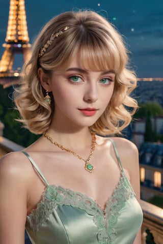 masterpiece, high quality, realistic aesthetic photo, pore and detailed, intricate detailed, graceful and beautiful textures, RAW photo, 16K, cinematic lighting, on the mansion balcony, (night view), background of Pari-city and eiffel tower, French-cute-1young girl, blond medium curl hair, curly blunt bangs, detailed light-green eyes, eye shadow, necklace, light-gray sleeveless camisole,Leonardo Style