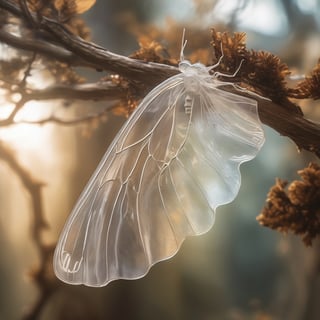 masterpiece, high quality, realistic aesthetic photo, pore and detailed, intricate detailed, graceful and beautiful textures, RAW photo, 16K, cinematic lighting, ((on the tree)),1big- moth, transparent body,transparent wing, photo of a transparent ghost