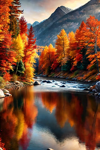 masterpiece, high quality, realistic aesthetic photo ,(HDR:1.2), pore and detailed, intricate detailed, graceful and beautiful textures, RAW photo, 16K, sharp forcus, (vibrant colors), high-contrast, cinematic lighting, ultra-detailed, very-detailed Beautiful natural scenery, at autumn, mountain with colorful-trees, river,