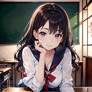 masterpiece, 8k, RAW, photo realistic, detailed finger, (a 16yo japan girl),  cute face,  light smile, smooth soft parl skin, light-blown medium wavy hair, medium breasts, (at classroom),  blackboard,                                                                       
(japanese high-shcool sailor uniform)  ,enjoy talking                   
