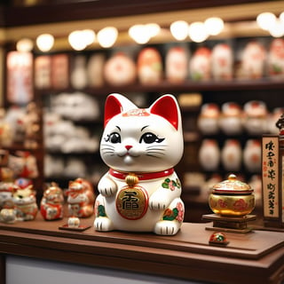 masterpiece, high quality, realistic aesthetic photo, maneki-neko, right-hand up, the Japanese-ornament, on the japanese shop's counter,chibi,