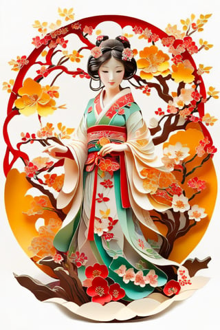 masterpiece, high quality realistic,  pore and detailed, intricate detailed, (paper craft ornament), ((art nouveau style:1.4)) white background, japanese beautiful girl, wearing kimono, little smile, full bloom Cherry tree, circle, kirigami