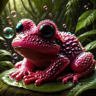 masterpiece, high quality, realistic aesthetic photo, pore and detailed, intricate detailed, graceful and beautiful textures, RAW photo, 16K, cinematic lighting, (Fusion of bubbles and ruby theme:1.4), in the jungle, ancient artifact, (strange-frog), vibrant color,x made of bath foam,crystalz,comic book