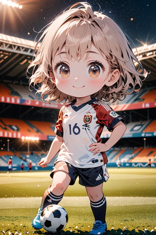 masterpiece, high quality animetion photo ,(HDR:1.2), pore and detailed, intricate detailed, graceful and beautiful textures, RAW photo, 16K, vibrant color, cinematic lighting, warm tone, (bokeh:1.1), (Chibi character theme:1.2), on the soccer field, ((5yo cute-girl), large eyes, light-brown short hair, smiling, large eyes, wearing soccer uniform,action pose,chibi emote style, (masterpiece:1.2)