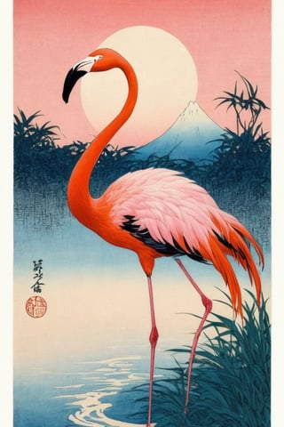 1pink flamingo in the wetland, forcus on, detailed, world famous works, ukiyoe-style, Works by Katsushika Hokusai, more detail XL,ukiyo_e