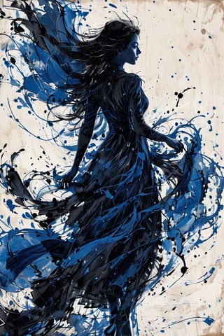 masterpiece, high quality photo, silhouette art style, silhouette of elegant girl, perfect body, wearing black dress, hair blowing in the wind, black background, (blue outline drawing on white background),silhouette, painted by Jackson Pollock,ink,