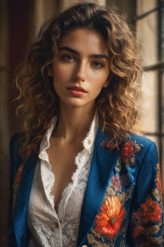 masterpiece, high quality, realistic aesthetic photo ,(HDR:1.2), pore and detailed, intricate detailed, graceful and beautiful textures, RAW photo, 16K, sharp forcus, vibrant colors, moody art,                                                     
27yo spanish girl with 1flower, elegant, natural wavy hair, perfect face, grainy, seductive smirk, (jacket over white lace shirt),FilmGirl,