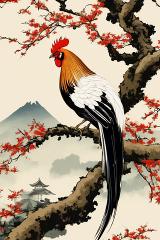 very-long-tailed chicken,
perched on a tree-branch, black eyes, detailed foot, high-detailed,  japanese art,Digital painting ,ukiyo_e,more detail XL