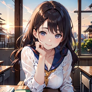 masterpiece, 8k, RAW, photo realistic, detailed finger, (a 16yo japan girl),  cute face,  light smile, smooth soft parl skin, light-blown medium wavy hair, medium breasts, (at classroom),                                                                        
(japanese high-shcool sailor uniform)  ,enjoy talking                   
