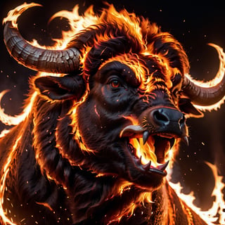 masterpiece, high quality, pore and detailed, intricate detailed, RAW photo, 16K, cinematic lighting, at night, burn ferocious-buffalo, stunning horns, (flare up body), glitter,Disney pixar style