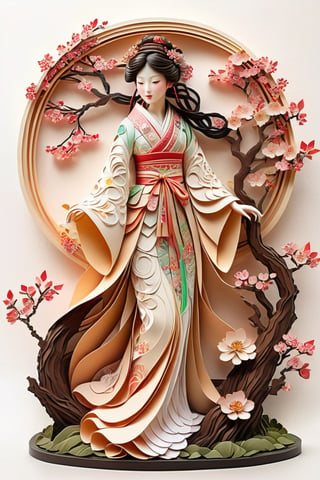 masterpiece, high quality realistic,  pore and detailed, intricate detailed, (paper craft art), (art nouveau style:1.4) white background, japanese oyamagata doll, full bloom Cherry tree, circle, kirigami,3D