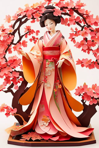 masterpiece, high quality realistic,  pore and detailed, intricate detailed, (paper craft art), (art nouveau style:1.1) japanese oyamagata doll, Cherry tree, kirigami,