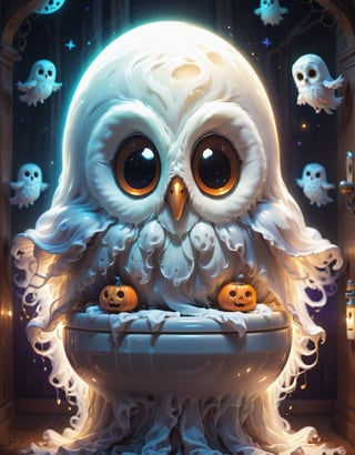 Digital image of an adorable ghost glowing inside, toilet, (owl:1.3), Halloween, high quality, masterpiece, 8k, super cute, (flying ghosts:1.1)