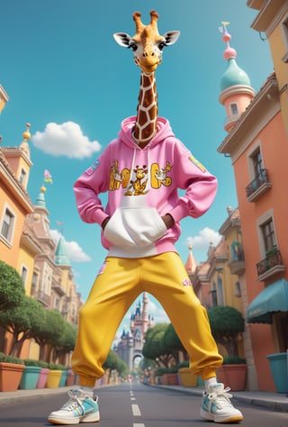 (dynamic pose:1.2),(dynamic camera),disney cartoon network In the style of a fashion shoot, a photo of an anthropomorphic giraffe, wearing large hiphop clothes from 1980s and sneakers, fantasy, insanely detailed and intricate, hypermaximalist, elegant, hyper realistic, super detailed , (natural colors, correct white balance, color correction, dehaze,clarity),vivid colours,absurdres,intricate