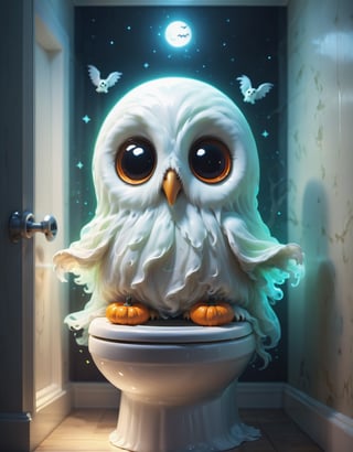 Digital image of an adorable ghost glowing inside, toilet, (owl:1.2), Halloween, high quality, masterpiece, 8k, super cute, (flying ghosts)