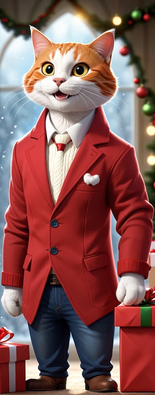 Ethereal fantasy concept art realistic-realistic-looking male cat dressed in red and white color wool blazer, neckline sweater, tailored jeans, dress boots, holding (large Christmas gift) with text ("RED TEAM":1.2), looking at the gift, surprised-happy smile, Perfect hands, solo, Pointing pose, in hangar, (indoors), (full body), Dutch angle , Vanity light, intense shadows, depth of field, (SFW)    , magnificent, celestial, ethereal, picturesque, epic, majestic, magical, fantasy, cover art, dreamy