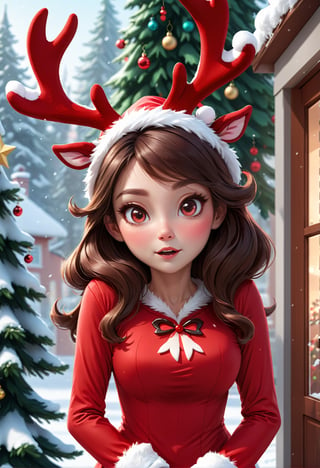 (masterpiece, best quality), 1woman, long hair,  pantyhose, cute face, blush,  red reindeer costume, sfw, ((furious)), christmas tree, cozy home, snow outside,cute cartoon 