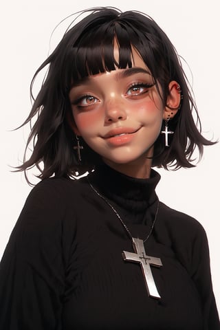 score_9, score_8_up, score_7_up, score_6_up, realistic, 1girl, cute perfect face, round face, blushing goth girl, (black hair with white stripe), bangs, tan skin, hazel eyes, (cross eyed), freckles, blush, pouty lips, smiling with a gap, tan skin, big breasts, perfect breasts,g0thicPXL