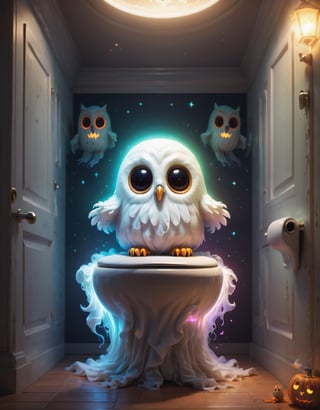 Digital image of an adorable ghost glowing inside, toilet, (owl:1.3), Halloween, high quality, masterpiece, 8k, super cute, (flying ghosts:1.1)