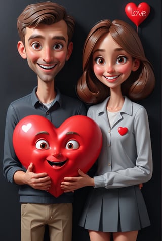 impactful color paint of cute drawing of extremely detailed Man with woman happy face , man holding big red heart with (text: "LOVE":1.2) on the black wall ,     