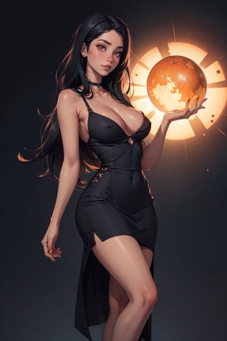 One woman , dark red eyes , very_long_hair , black_hair , 1960s style , full_body , sun lighting , masterpiece , best quality , ultra detailed , (detailed background) , perfect shading , high contrast , best illumination , extremely detailed , ray tracing , realistic lighting effects , best illustration , perfect fingernails detail , tight fit , short black dress , seductive dress , deep v-cut , black high heels , military straps , v shape head , perfect figure , black lipstick , black eyeshadows , black eyeliner , 