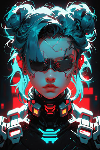 score_9, score_8_up, score_7_up,  xenotr1p, selective red color, monochrome, colored, 1girl, solo, portrait, cyberpunk white cyborg, hair covering eyes, twin bun hair, blue hair,  ,trending on dribbble, ad, aesthetics, aesthetic, pv,selective <color> color