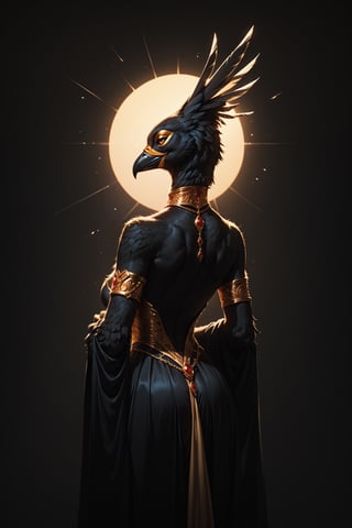 score_9,score_8_up,score_7_up,score_6_up,score_5_up,score_4_up  source_furry, beautiful bird woman, bird woman, furry, dark black feathers, golden jewelry, back lighting, dramatic lighting, extremely detailed, beautiful detailed iridescent feathers, rating_safe