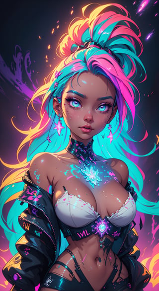 A stunning woman with vibrant neon hair, glowing in the midst of galaxy formations, painted by david diaz and sakimichan, detailed and realistic textures, vibrant colors, surreal and mysterious, hyperrealistic, modern art, digital painting, trending in Artstation, cinematic lighting, and dynamic composition.,High detailed 