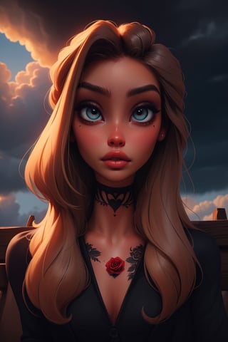 gothic, 1girl, roses, tattoo, surrounded by many black heart clouds, romantic, dark sky (best quality), (masterpiece), (best lighting), (high detailed skin:1.0),( detailed eyes), 8k uhd, dslr, soft lighting, best quality, film grain, Fujifilm XT3,SAM YANG