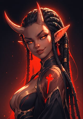 score_9, score_8_up, score_7_up, score_6_up, score_5_up, score_4_up,   female, cel-shading, backlit, delicate features, very long hair, (dreadlocks), upper body, medium breasts, horns, cyborg, pointy elf ears, multiple ear piercings, black background, techwear, large horns, dynamic pose, freckles, red glowing machine parts, hair oranments, smug, seductive smile, from behind, looking over shoulder, battle armour, chestplate, japanese dress,Expressiveh