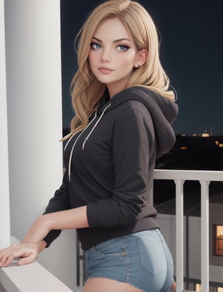 blonde girl, orange, black hoodie, dark short, on a balcony by night, 8K, high quality, photorealistic, realism, hyperrealism, art photography 