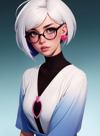 by Bruno Ferreira, a woman with blue heart shaped glasses, multi-color background, gradient, white hair, short hair, solo 