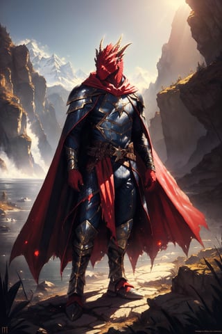 red dragonborn, black cape, fantasy, sword, torn clothes, glowing, standing, art by greg rutkowski, armor, cowboy shot, (floating cape), intense sunlight, red dragonborn, outdoors, landscape, nature , ((masterpiece, best quality))