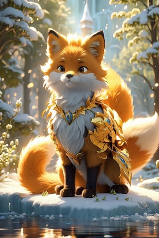 cute fox look wearing a golden knight armor, fox, best quality, super detailed, fantasy, magical water fall, masterpiece, 8K looks, hyper realistic, hyper detailed, style from frozen 2019, ,weapon,sword,no_humans,3d style,Xxmix_Catecat,3d,bingnvwang,arcane,3d render,cat