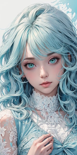 (1cute girl), long blue curly hair, green eyes, wearing a beautiful baby blue lace dress. White skin, splat art background, eye_detail, background_detail, face_detail, hair_detail, more_detail, add_detail, adddetailed, cute_face,