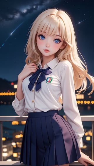 masterpiece, best quality, 1 girl, solo, ((an extremely delicate and beautiful)),school uniform, italian girl ,age 18, milky white skin,beautiful detailed eyes, at night , beautiful starry sky, 