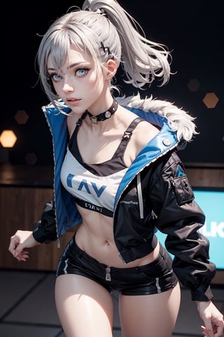 ((female)), (solo:1.2), ((masterpiece)), ((pale skin)), ((detailed eyes)), (bokeh effect), (dynamic angle), dynamic pose, silver hair, ponytail, zip-up jacket