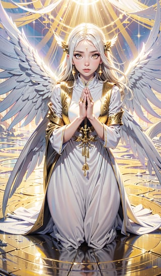 Solo (Angel.0.8) wearing a white long dress, white hairz very ling hair, hair on forehead, golden robe , white (angel wings0.8) masterpiece,best quality, absurdres, high_resolution,damped sunlight, natural reflection, praying looking up, a hollow golden ring above her head, yellow eyes, simple background, full body , in center, perfect face, perfect eyes, expressive face, perfect lightining 