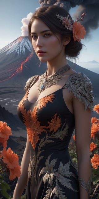 Beautiful girl standing by a top of mountain, flowers, volcano, digital art, intricate details, eerie, horror, highly detailed, photorealistic, octane render, 8k, unreal engine. art by Artgerm and Greg Rutkowski
, Movie Still
