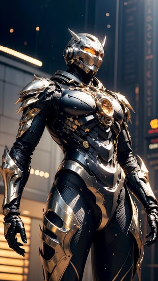fullbody photo of a boy in a mech suit, fullbody armor, black shiny armor, golden acsent, ((light bokeh)), intricate detailed, (steel metal), neons, detailed armor, elegant, sharp focus, photo by greg rutkowski, soft lighting, vibrant colors, (masterpiece), (detailed face:1.2), from below,zzmckzz