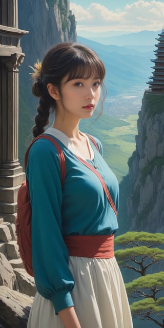 Beautiful girl standing by the top of mountain in giant ancient library, complex artistic color ink pen sketch illustration, full detail, gentle shadowing, fully immersive reflections and particle effects, concept art by Artgerm, art by Range Murata, art by Studio Ghibli, Movie Still