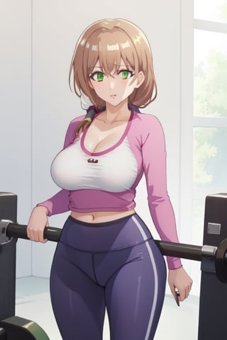 best quality, extremely detailed, masterpiece, 1_girl, mature, milf, mommy, mother, adult, medium boobs, cleavage, gym_clothes, leggings, green-eyes, brown-hair, pony_tail, ponytail, standing, white background, Shiori Katase, milfication