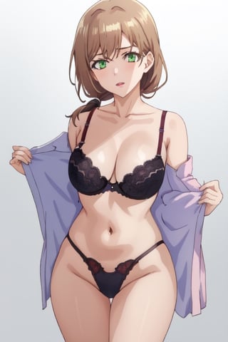 best quality, extremely detailed, masterpiece, 1_girl, mature, milf, mommy, mother, adult, medium boobs, black underwear, lace thong, bra, green-eyes, brown-hair, pony_tail, ponytail, standing, white background, Shiori Katase, milfication