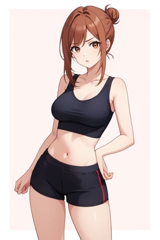 best quality, extremely detailed, masterpiece, 1_girl, underage, 16 years old, young, medium boobs, brown_hair, long_hair, longhair, straight_hair, brown_eyes, teen, teenage, medium thighs, black sport_shorts, pink top, crop top, character, white_background, innocent, standing, eye-level, cute, adorable, hair bun, hot
