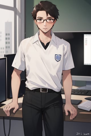 best quality, extremely detailed, masterpiece, man, manly, manful, adult, 19_years_old, white T-shirt, black tie, school uniform, black hair, short-hair,  buzz cut, brown eyes, glasses, computer science