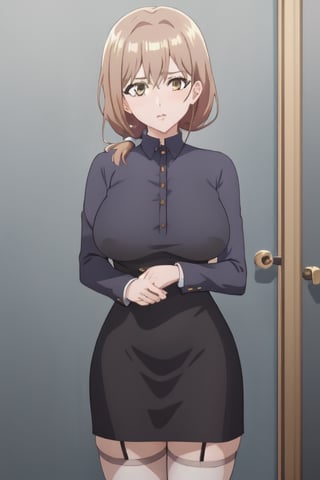 best quality, extremely detailed, masterpiece, 1_girl, mature, milf, mommy, mother, adult, medium boobs, black stockings, garter_strap, black mini_dress, secretary, elegant, green-eyes, brown-hair, pony_tail, ponytail, standing, white background, Shiori Katase, milfication